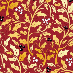 Golden Christmas Holly and berries on red large