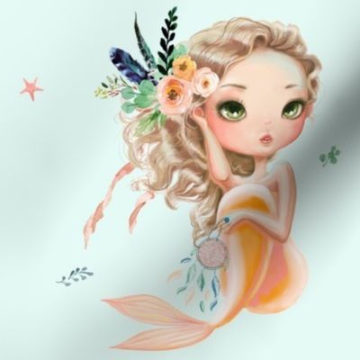 8" Peach Mermaid / Teal COLOR  Background