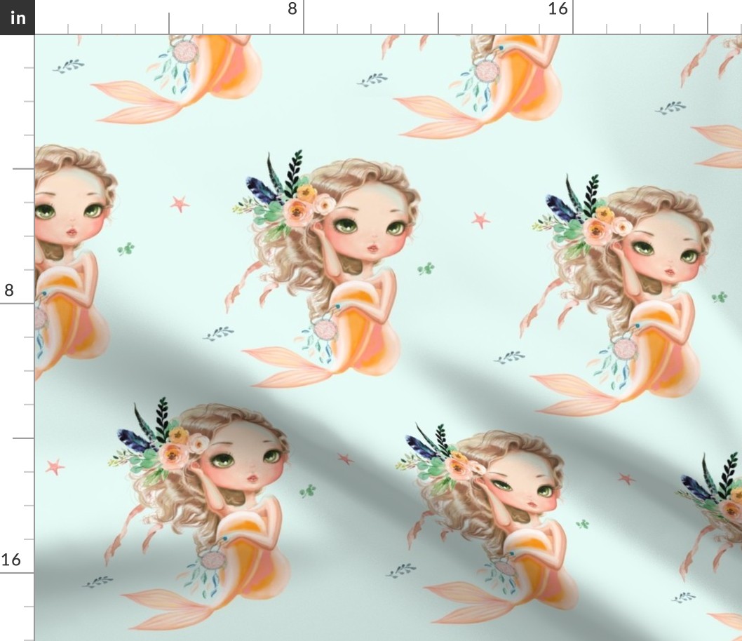 8" Peach Mermaid / Teal COLOR  Background