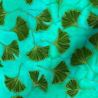 Ginkgo Leaves on Caribbean Blue