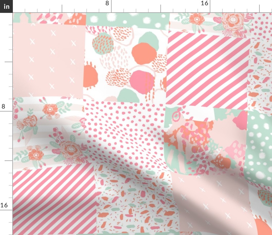 sophia cheater quilt painterly abstract fabrics florals coral and mint