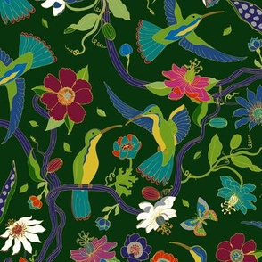 Hummingbirds and Passion flowers - Rainforest green