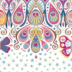 Midnight Butterflies - pink, blue and gold on cream - large scale by Cecca Designs