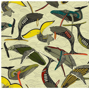 whales and waves bold tea towel