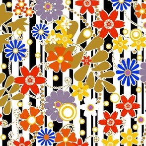 Floral colorful pattern on striped black and white background