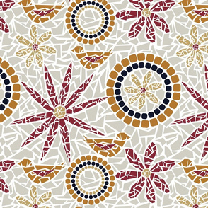 Flower and Bird Mosaic - beige, grey, red, gold