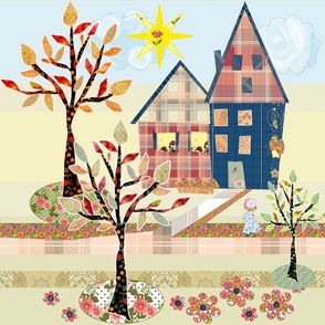 Village applique from fabric scraps vintage houses and trees