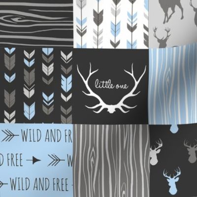 3" Wholecloth - Patchwork Deer in blue, black, and grey - baby boy woodland