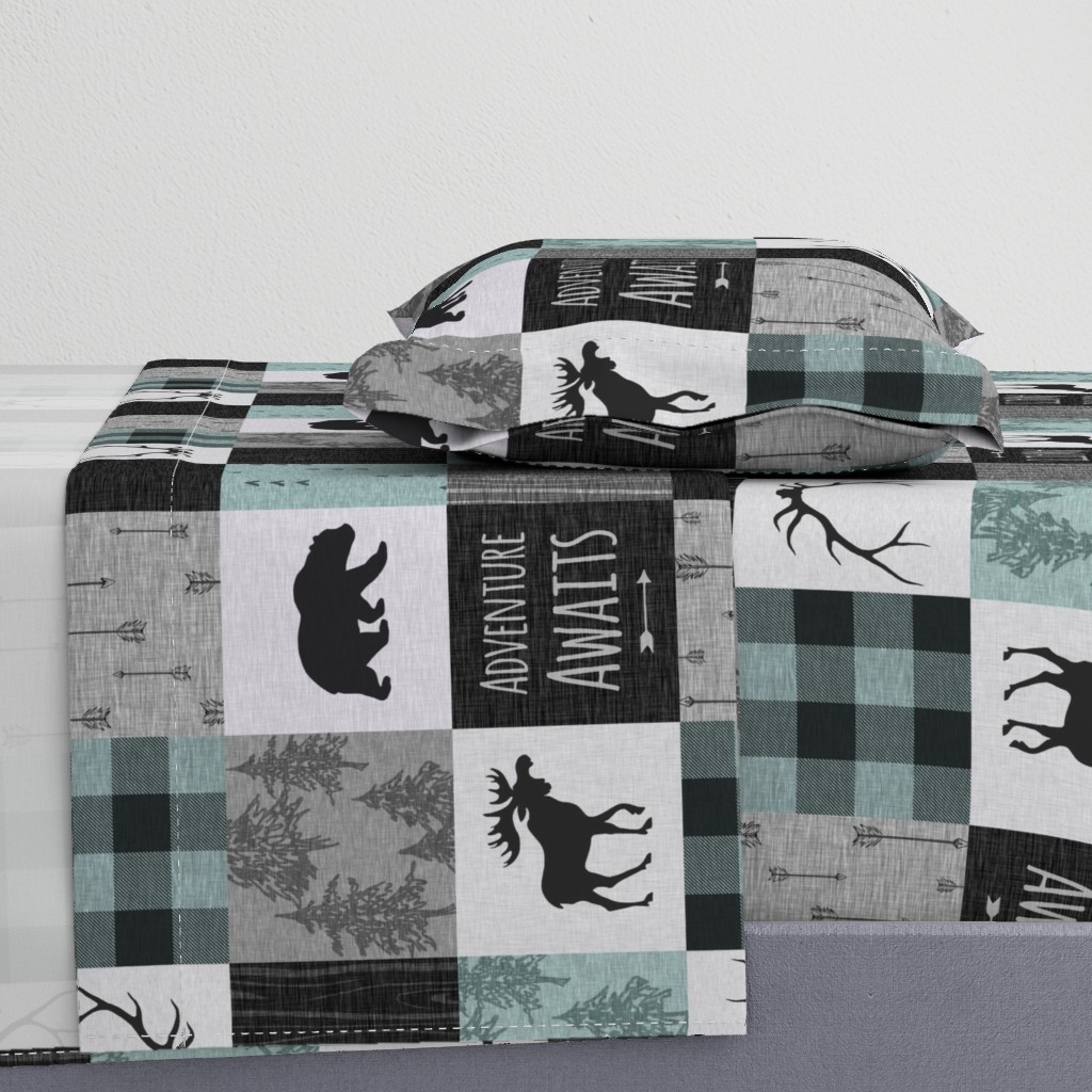 Adventure Awaits Quilt- Muted Aqua, Black, Grey.