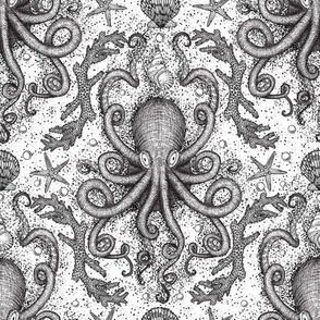 Octopus Damask in White - Victorian Antique Steampunk Kraken 