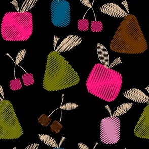 Embroidery of berries and fruits with bright threads on a black tone