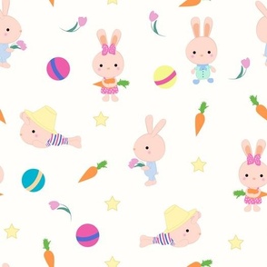 Cute toys bunnies rabbits cartoon seamless pattern