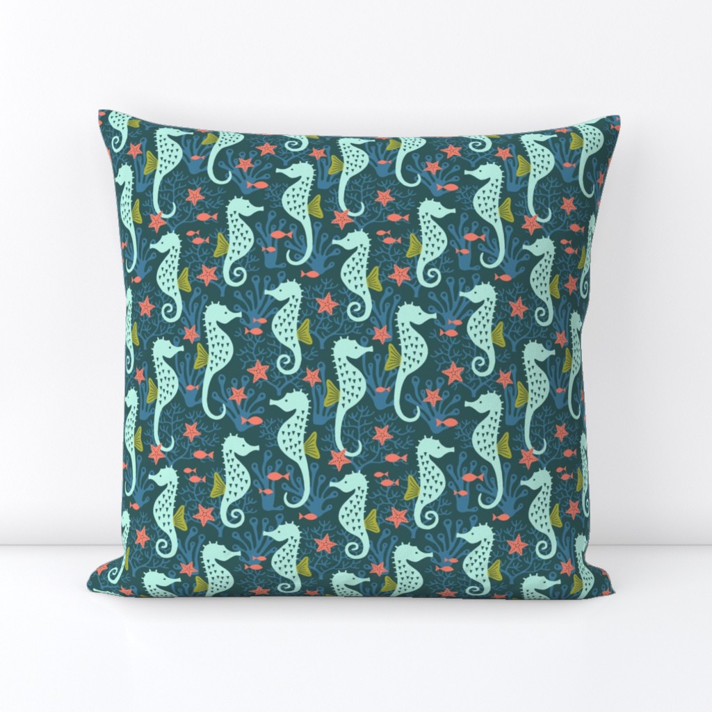 Seahorse in coral reef ocean navy