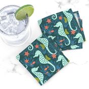 Seahorse in coral reef ocean navy