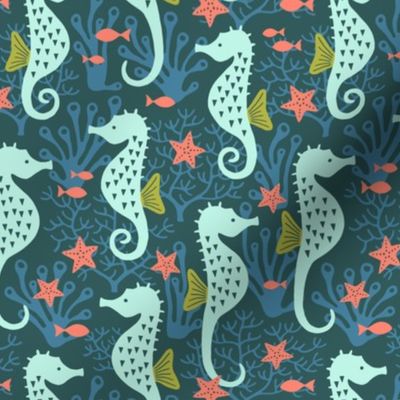 Seahorse in coral reef ocean navy