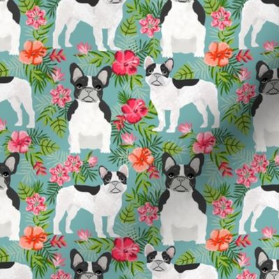 French Bulldog black and white coat hawaiian florals 