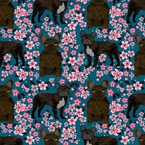 French Bulldog brindle coat cherry blossom fabric sapphire