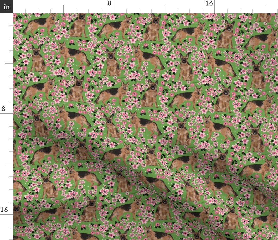 German Shepherd spring fabric cherry blossom green