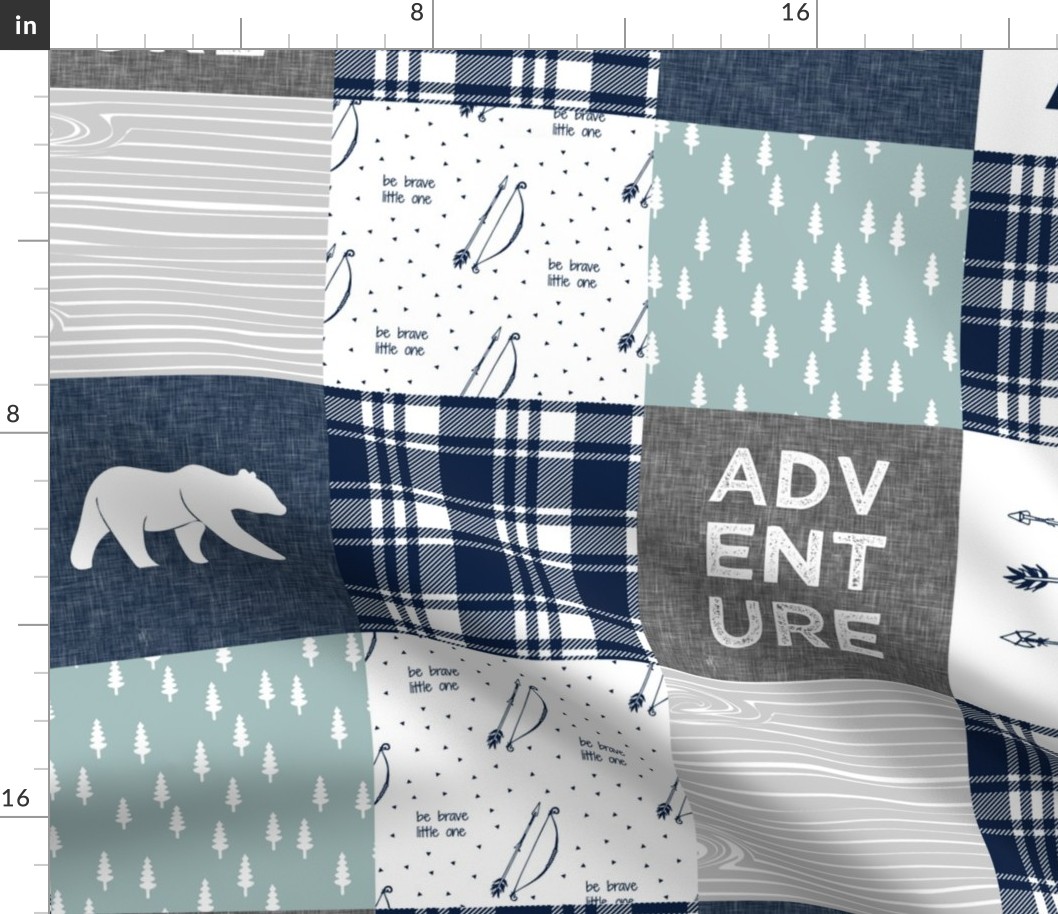 Adventure Patchwork Fabric   || navy grey dusty blue - bear