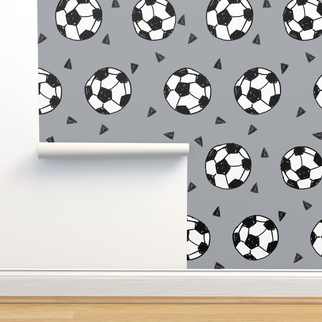 soccer fabric // grey soccer football Wallpaper | Spoonflower