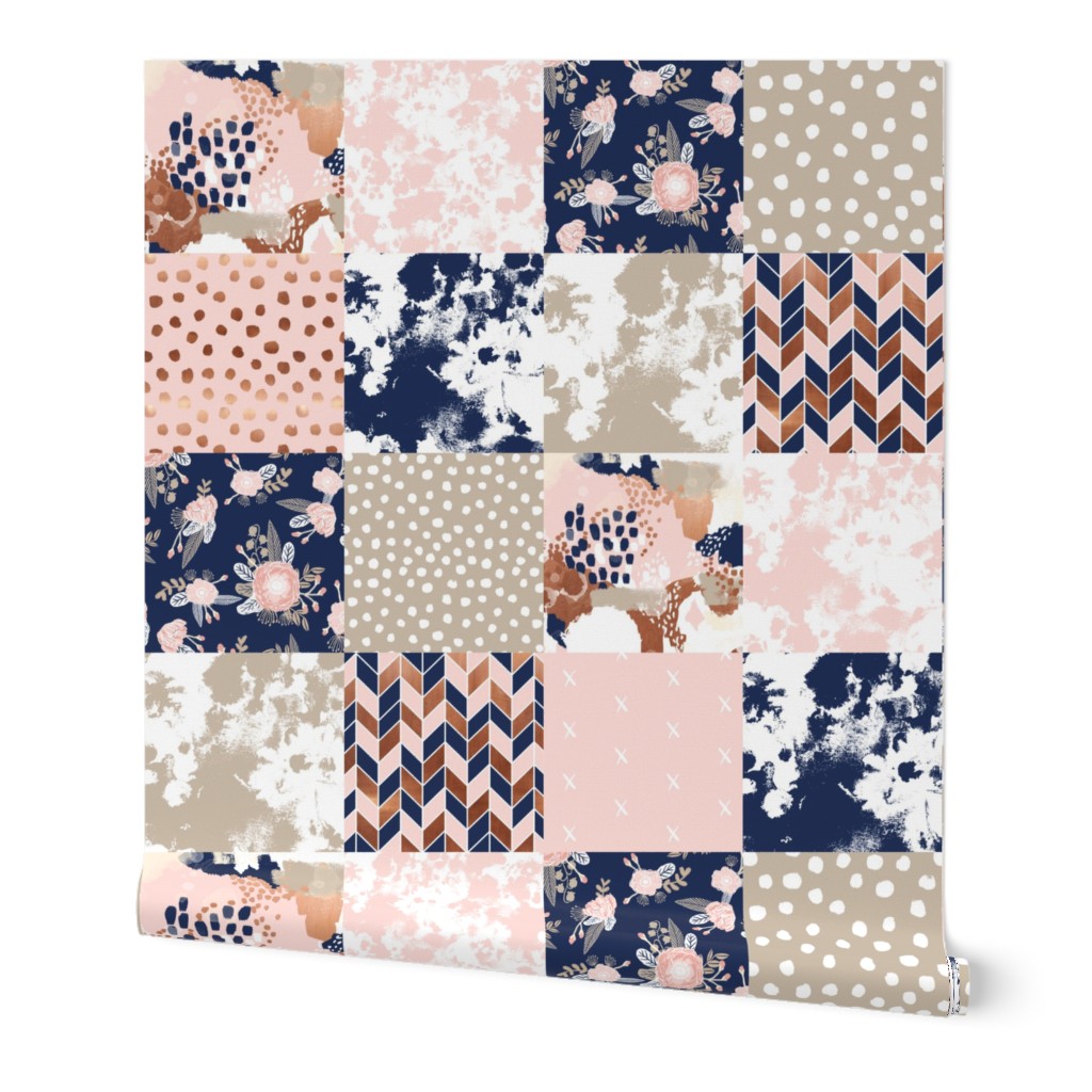 cheater quilt sonia squares patchwork fabric rose gold navy and blush pink fabric