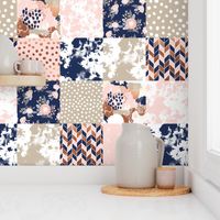 cheater quilt sonia squares patchwork fabric rose gold navy and blush pink fabric
