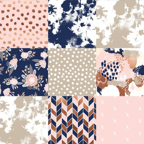 cheater quilt sonia squares patchwork fabric rose gold navy and blush pink fabric