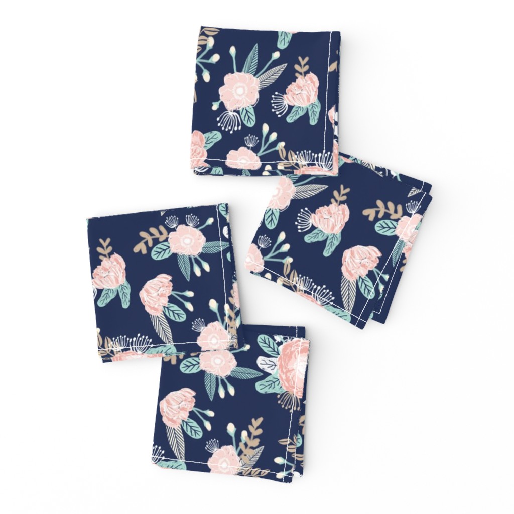 florals - navy blue, blush pink, taupe fabric