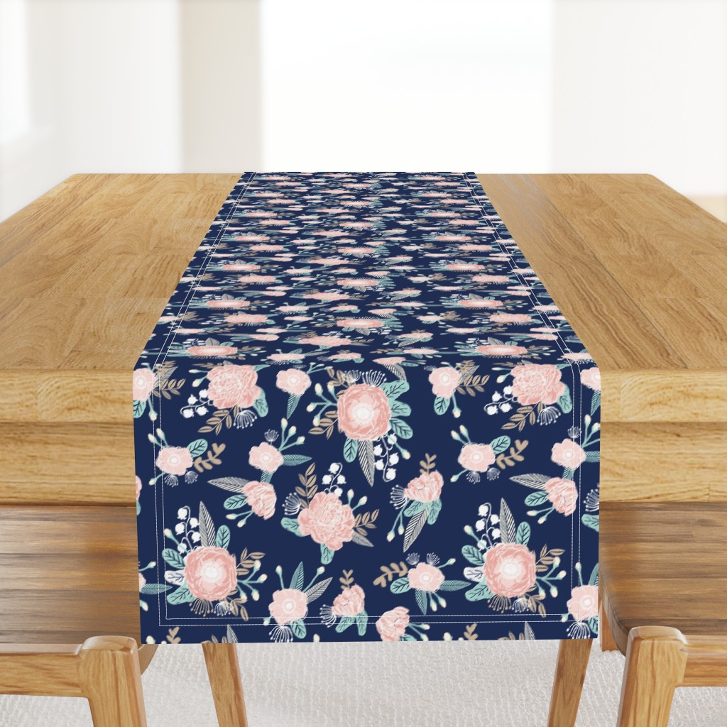 florals - navy blue, blush pink, taupe fabric