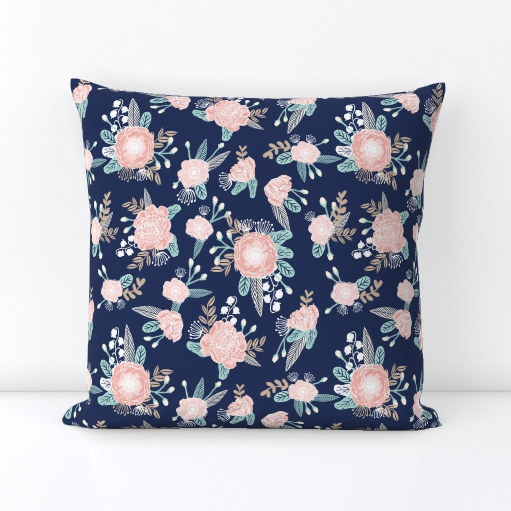 florals - navy blue, blush pink, taupe fabric