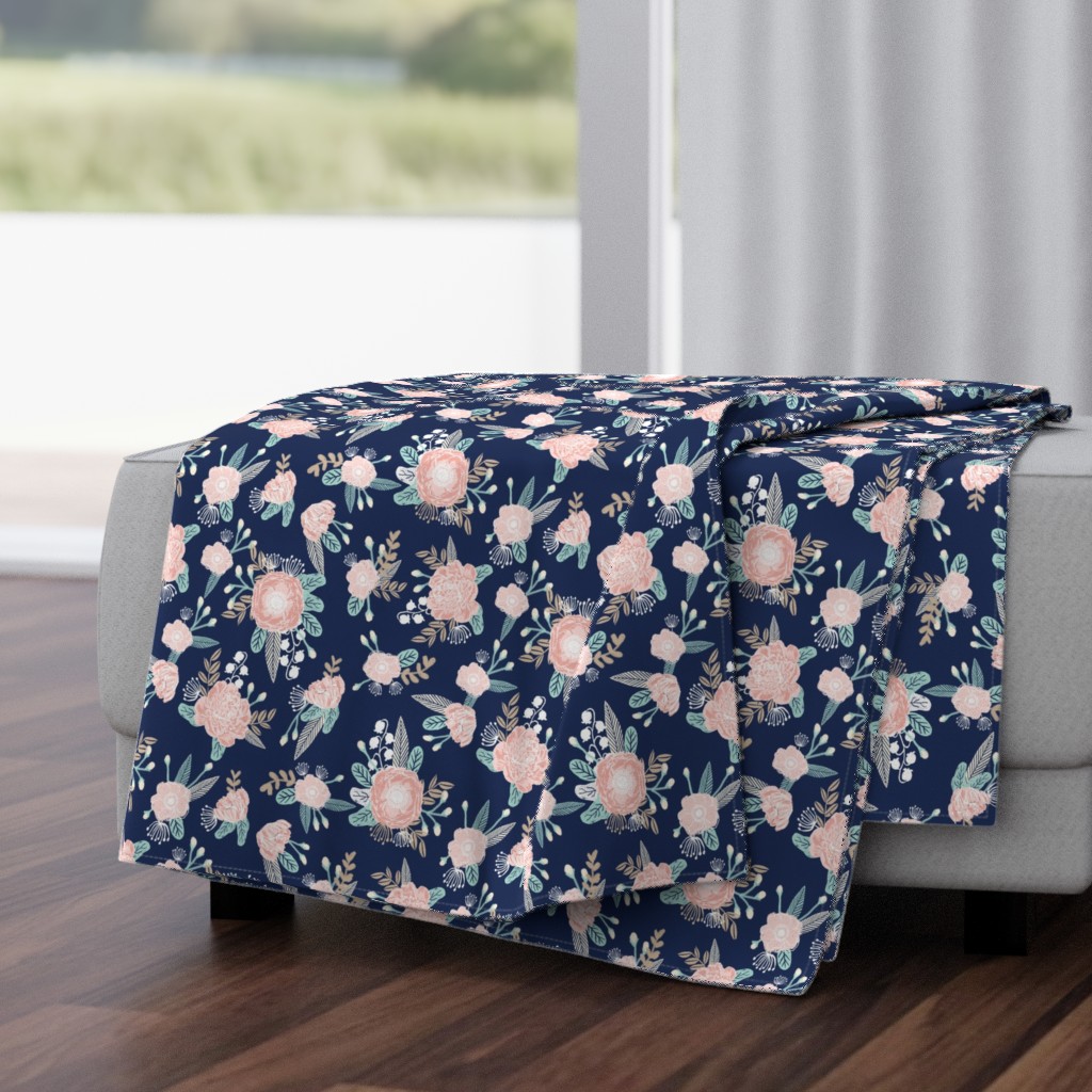 florals - navy blue, blush pink, taupe fabric