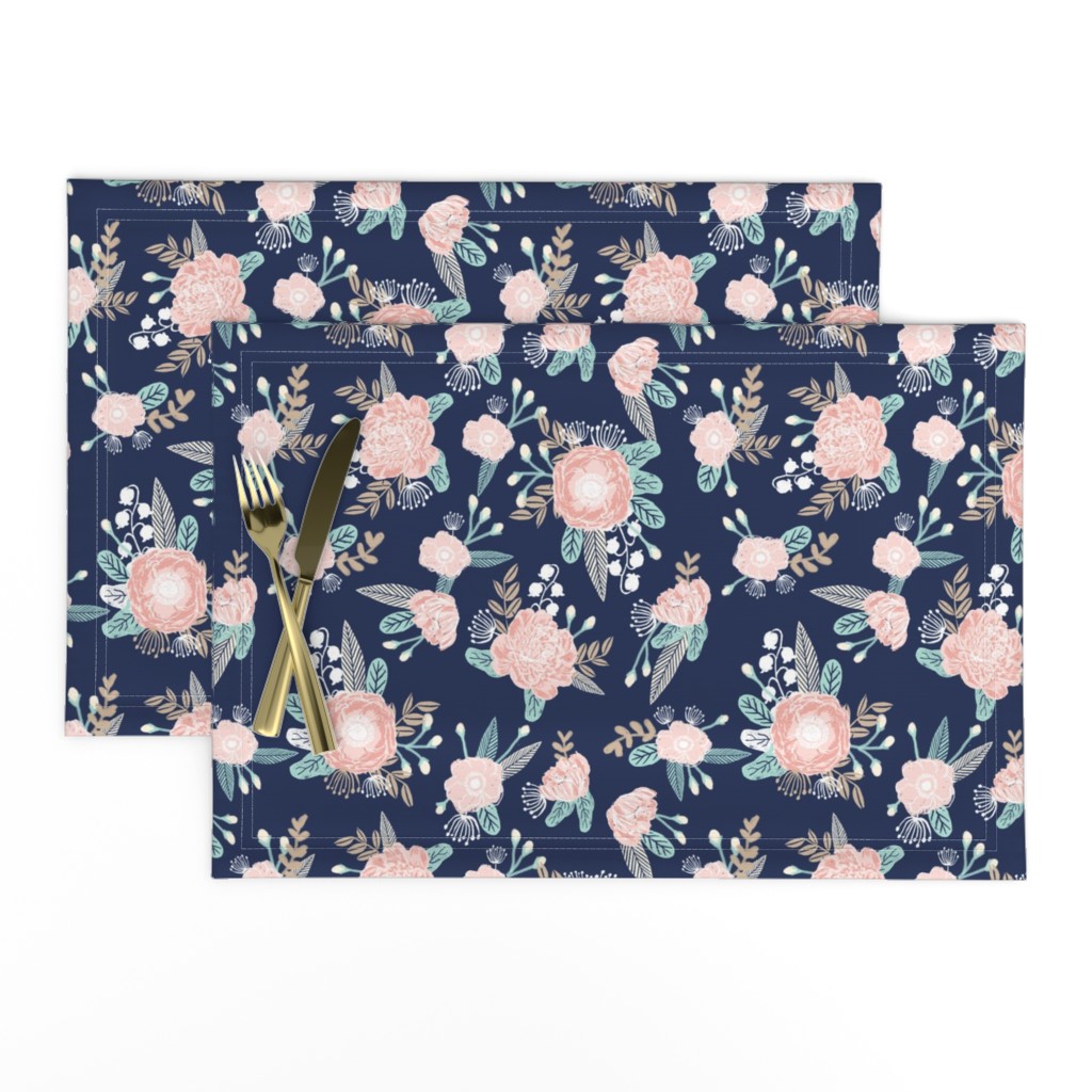 florals - navy blue, blush pink, taupe fabric