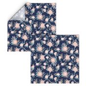 florals - navy blue, blush pink, taupe fabric