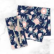 florals - navy blue, blush pink, taupe fabric