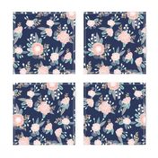 florals - navy blue, blush pink, taupe fabric