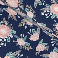 florals - navy blue, blush pink, taupe fabric