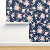 florals - navy blue, blush pink, taupe fabric