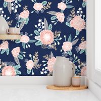 florals - navy blue, blush pink, taupe fabric