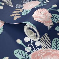 florals - navy blue, blush pink, taupe fabric