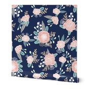 florals - navy blue, blush pink, taupe fabric