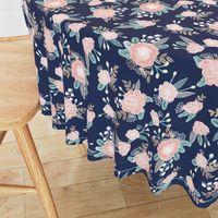 florals - navy blue, blush pink, taupe fabric