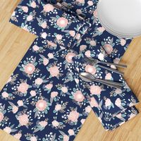 florals - navy blue, blush pink, taupe fabric