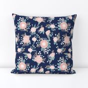 florals - navy blue, blush pink, taupe fabric