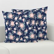 florals - navy blue, blush pink, taupe fabric