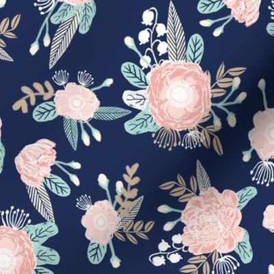 florals - navy blue, blush pink, taupe fabric