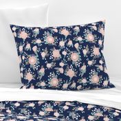 florals - navy blue, blush pink, taupe fabric