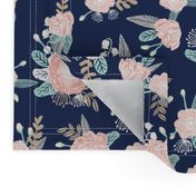 florals - navy blue, blush pink, taupe fabric