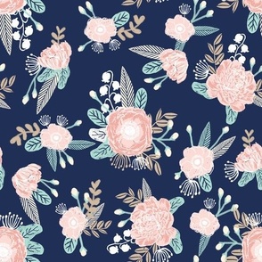 florals - navy blue, blush pink, taupe fabric