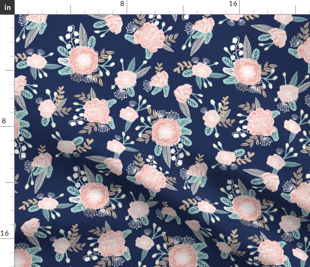 florals - navy blue, blush pink, taupe fabric