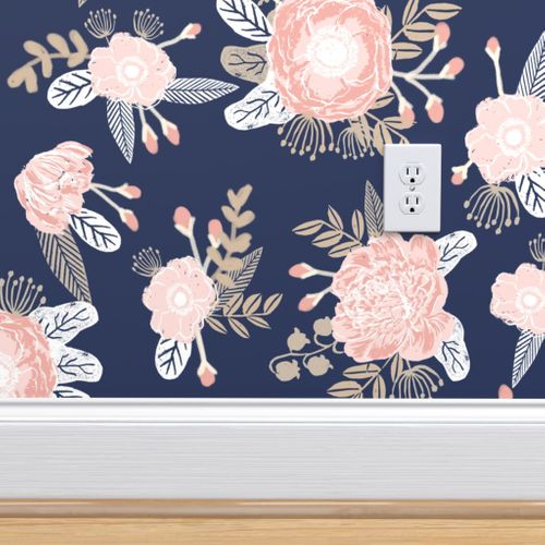 Rosa Bild: Navy Wallpaper With Pink Flowers